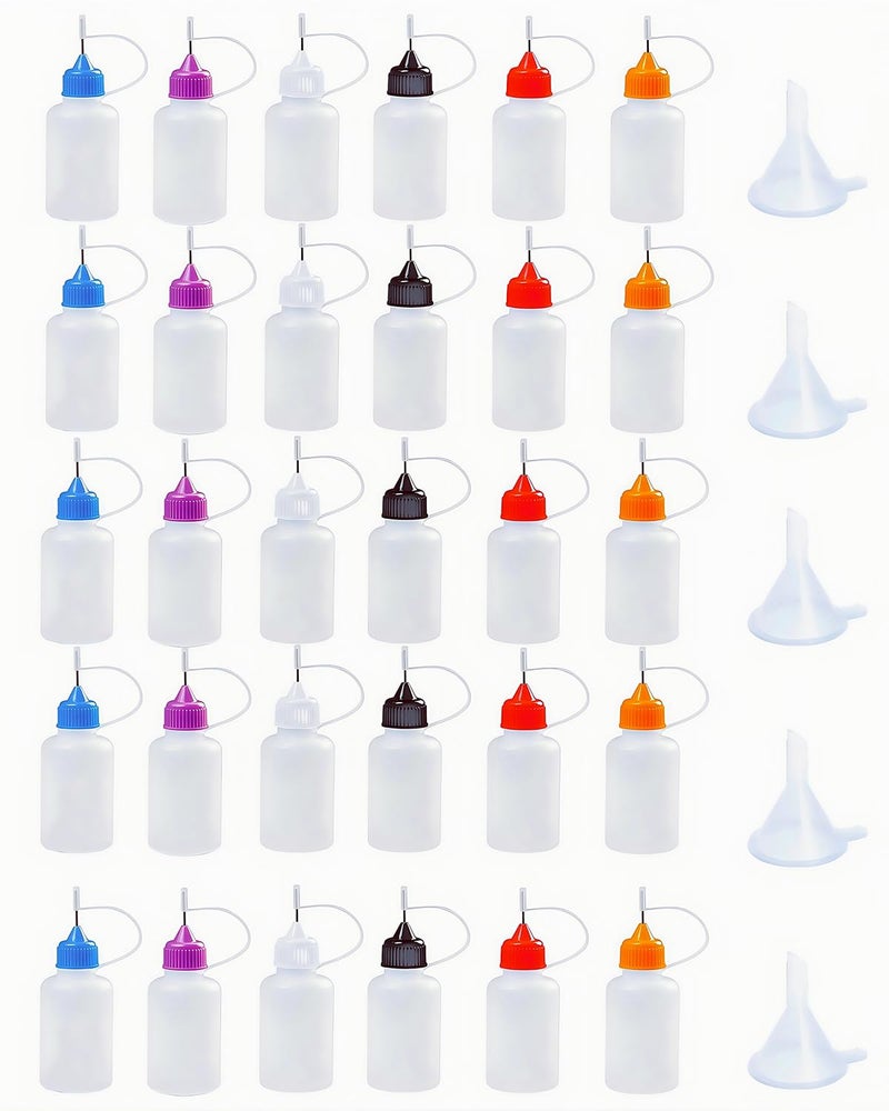 LJY Precision Applicator Bottle Set 1 Oz. - 30 Needle Tip Squeeze Bottles and 5pcs Mini Funnels for Acrylic Painting, DIY Quilling and Paper Craft - Image 1